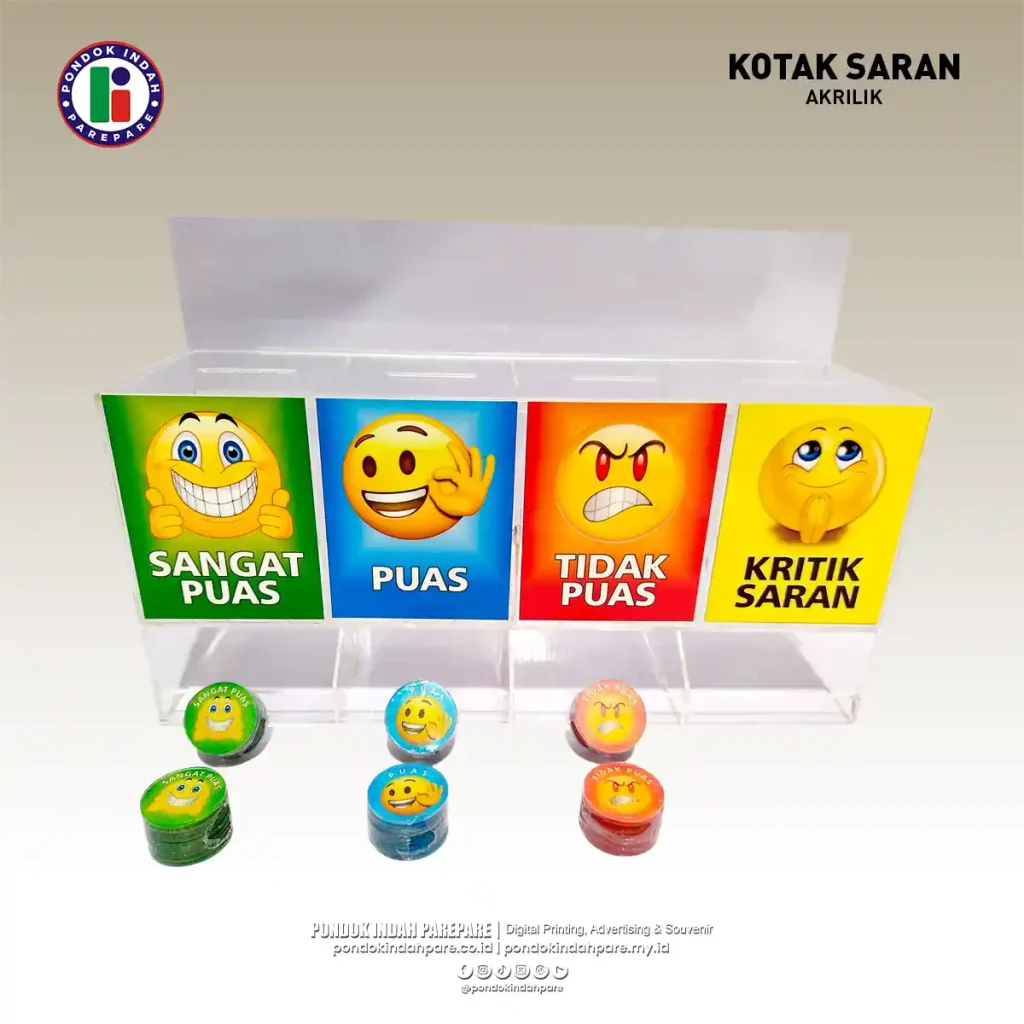 Foto Produk Kotak Saran Akrilik 4 Kolom dihiasi Icon menarik dilengkapi KOIN | percetakan Pondok Indah Parepare