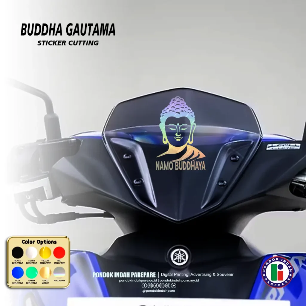 Stiker Buddha | Sticker Buddhist - Buddha Sidharta Gautama - Foto terpasang di Visor motor matic | Percetakan Pondok Indah Parepare