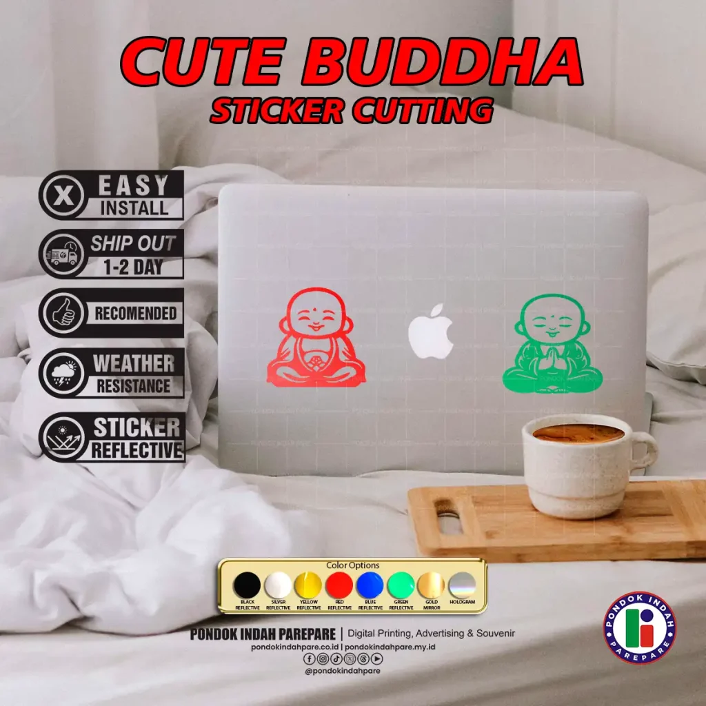 Sticker Cute Buddha di aplikasikan ke cover Laptop | Percetakan Pondok Indah Parepare