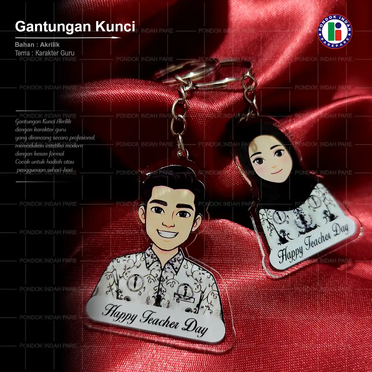 Gantungan Kunci Karakter Guru pria dan wanita Hijab di produksi Pondok Indah Parepare